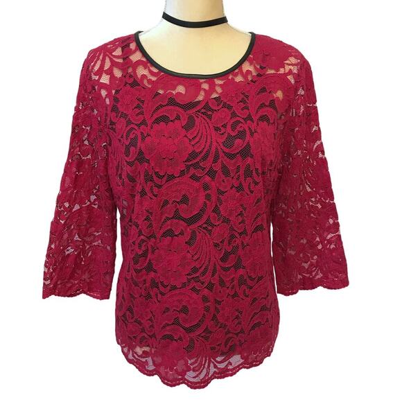 Bisou Bisou Lace Red Blouse Women L - Picture 1 of 12